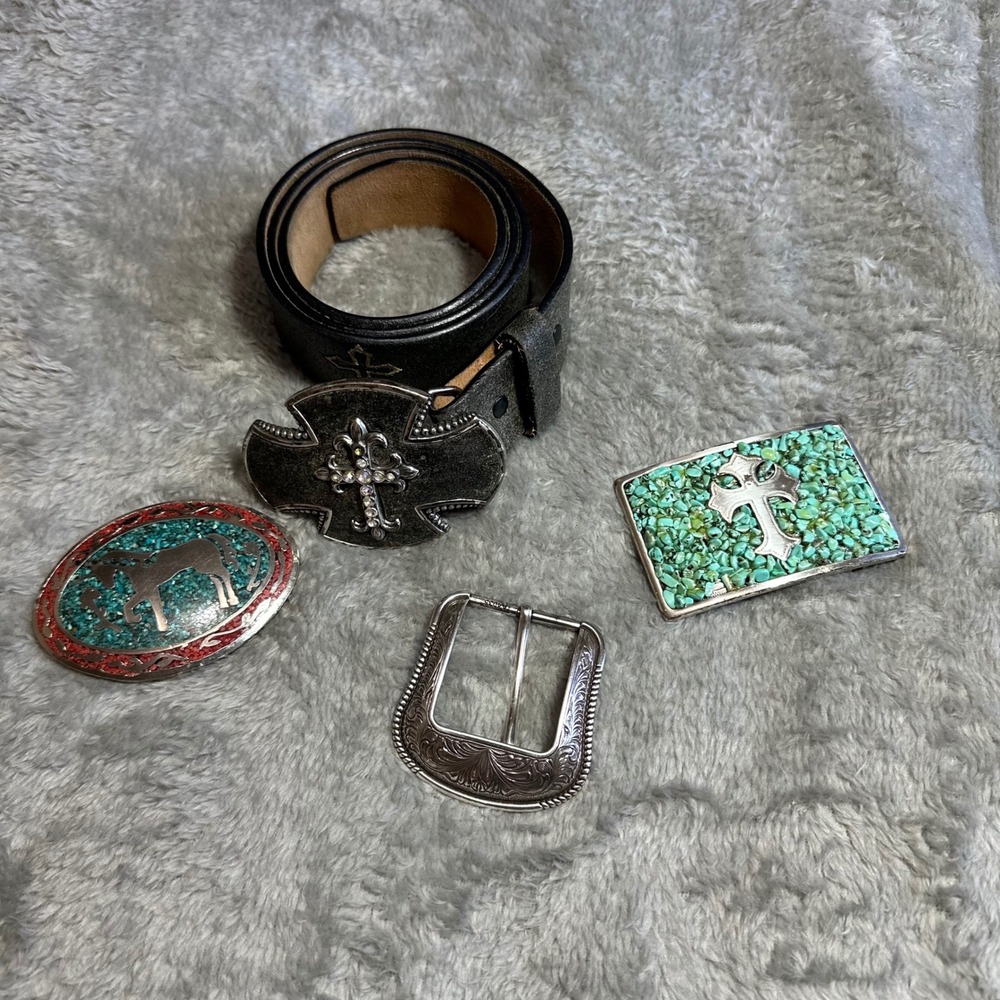 Belt and Buckles Black Silver Western Cross Horse Size 36